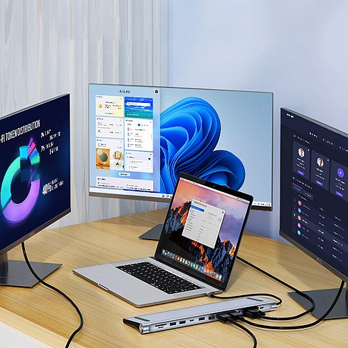 POWERTECH docking station BYL-2003U2, 12 θυρών, βάση laptop, USB-C, γκρι BYL-2003U2