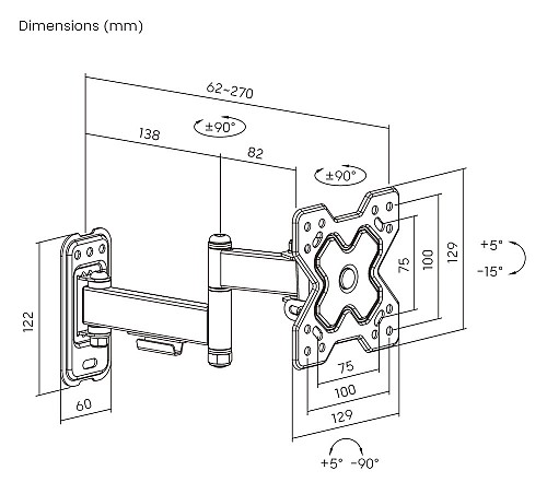 POWERTECH επιτοίχια βάση τηλεόρασης PT-1278, 13-32, έως 20kg, full motion PT-1278
