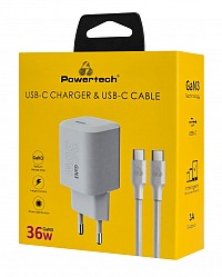 POWERTECH φορτιστής τοίχου PT-1350 με καλώδιο, USB-C, 36W, GaN, λευκός PT-1350