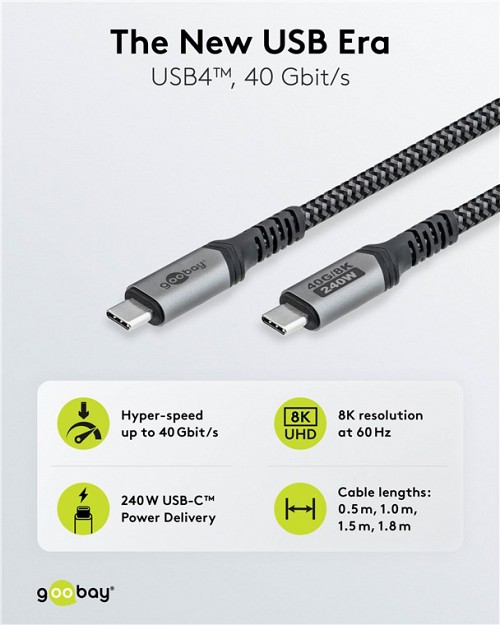 GOOBAY καλώδιο USB-C 74210, USB4, 240W, 40Gbps, 8K/60Hz, 0.50m, γκρι 74210
