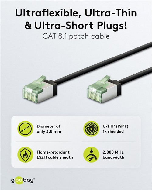 GOOBAY καλώδιο δικτύου 74350, CAT 8.1 U/FTP, slim, copper, 2000MHz, 0.15m, μαύρο 74350