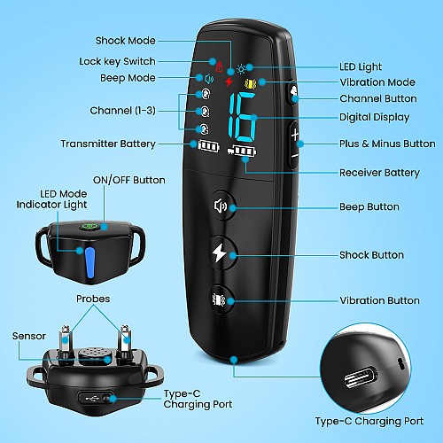 POWERTECH ηλεκτρικό κολάρο εκπαίδευσης σκύλου PT-1399 με ασύρματο χειριστήριο, εμβέλεια 300m PT-1399