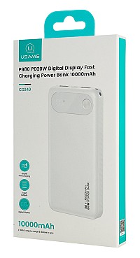 USAMS power bank CD249 με οθόνη, 3x θύρες εξόδου, 10000mAh, PD20W, λευκό 10KCD24902