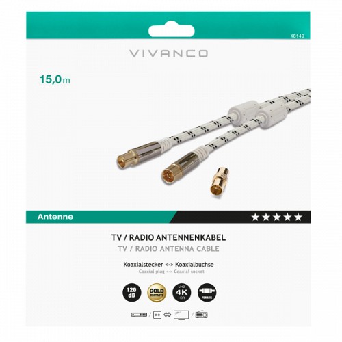 VIVANCO ANTENNA CABLE 15m COAX PLUG-COAX SOCKET 120 dB white