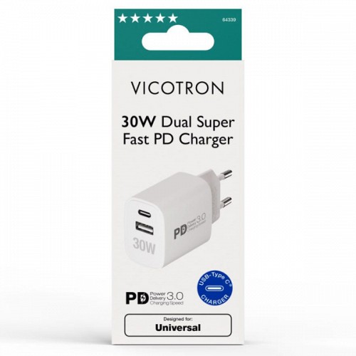 VIVANCO TRAVEL CHARGER PD 30W + 1 PORT USB white