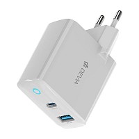 Φορτιστής Ταξιδίου Ταχείας Φόρτισης Devia GaN-006D 65W με Διπλή Έξοδο USB A &  USB C GaN PD + QC Λευκό