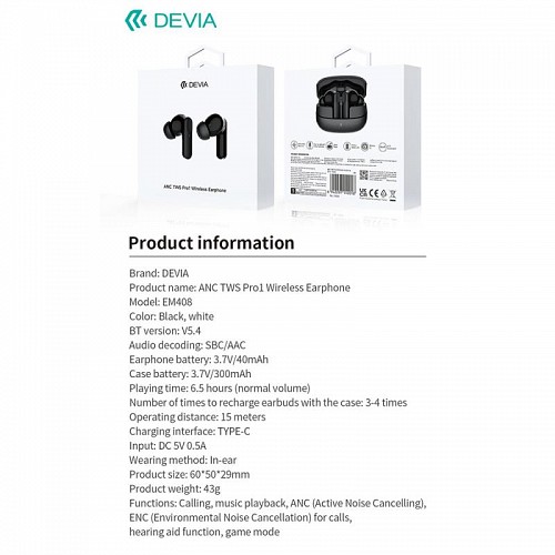 True Wireless Ακουστικά Bluetooth Devia ANC EM408 Pro1 Μαύρο