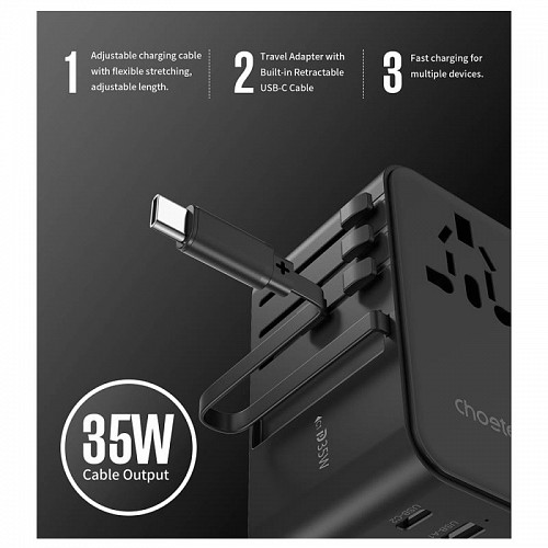 Διεθνής Φορτιστής Ταξιδίου Choetech PD5020 35W GaN με καλώδιο USB C Μαύρο