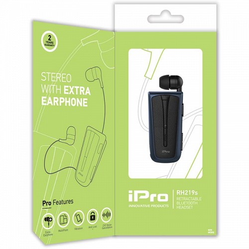 Στερεοφωνικό Ακουστικό Bluetooth iPro RH219s Retractable με Δόνηση Μαύρο-Μπλε
