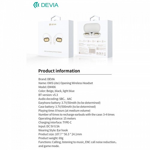 True Wireless Ακουστικά Bluetooth Devia OWS EM406 Lite1 Μαύρο