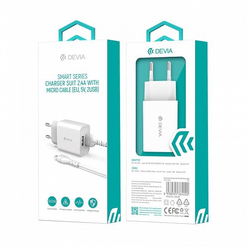 Φορτιστής Ταξιδίου Devia RLC-526 12W με Διπλή Έξοδο USB Α & Καλώδιο Micro USB EC205 1m Smart Λευκό