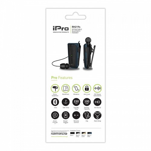 Στερεοφωνικό Ακουστικό Bluetooth iPro RH219s Retractable με Δόνηση Μαύρο-Μπλε