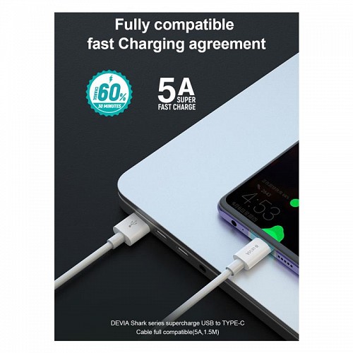Καλώδιο Σύνδεσης USB 2.0 Devia EC306 Supercharge USB A σε USB C 25W 1.5m Shark Λευκό