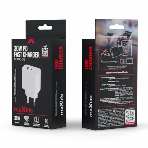 Φορτιστής Ταξιδίου Ταχείας Φόρτισης Maxlife MXTC-06 με Διπλή Έξοδο USB A & USB C PD + QC 30W Λευκό