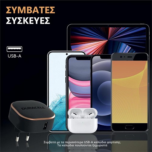 Φορτιστής Ταξιδίου Duracell 12W με Έξοδο USB 2.4A Μαύρο