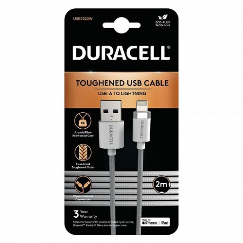 Καλώδιο Σύνδεσης USB 2.0 Duracell Braided Kevlar USB A to MFI Lightning 2m Λευκό