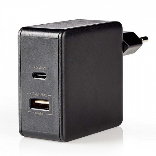 Universal φορτιστής με 2 εξόδους USB-A & USB-C, 3.0A, σε μαύρο χρώμα NEDIS WCPD45W100BK