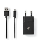 Universal φορτιστής USB 2.4 A, με αποσπώμενο καλώδιο Lightning 8-Pin, σε μαύρο χρώμα NEDIS WCHAL242ABK