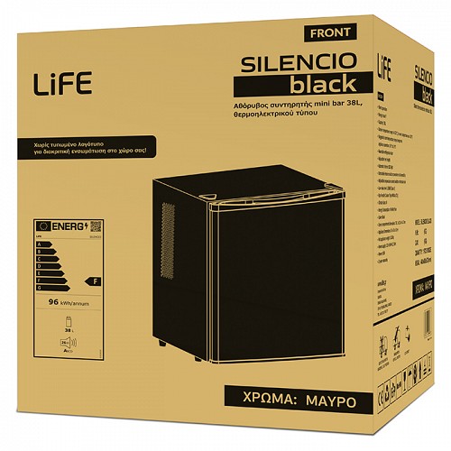 Αθόρυβος συντηρητής mini bar 38L, θερμοηλεκτρικού τύπου και ενεργειακής κλάσης F, σε μαύρο χρώμα LIFE SILENCIO Black