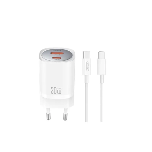 XO 220V 30W, USB-A + USB-C + cable USB-C to Lightning, GaN Nitride, white - CE21